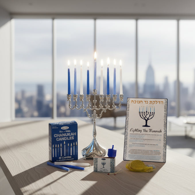 Set Of Silvertone Menorah, Candles, Gelt, Dreidel