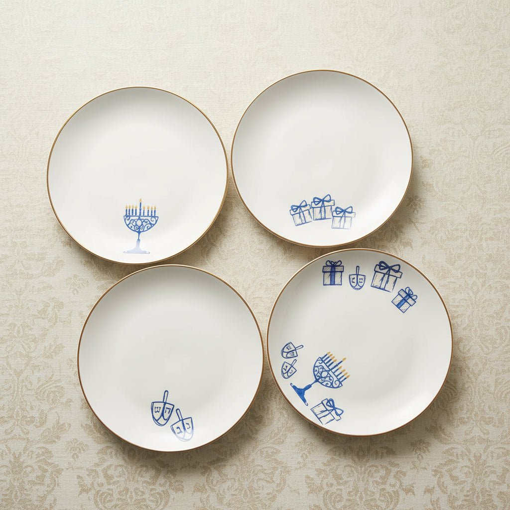 Hanukkah Appetizer Plates with Gold rim, Set of Four