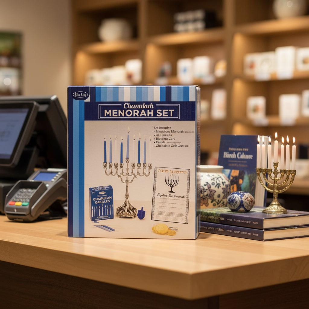 Set Of Silvertone Menorah, Candles, Gelt, Dreidel