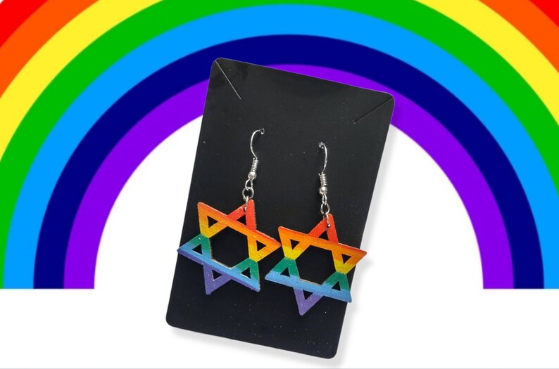 Wooden Jewish Star Rainbow Earrings