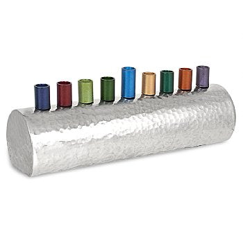 Hammered Stainless-Steel Menorah with Colored Aluminum Caps